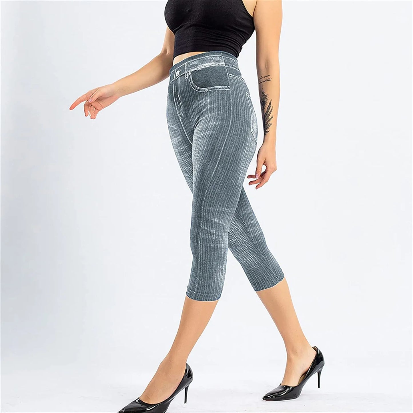 Women Stretch Printed Short Legging Plus Size Calf-length Pants  High Waist Jeggings