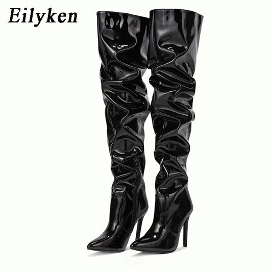 Eilyken Red Women Over The Knee Boots High Heels Patent Leather Solid Pointed Toe Stiletto Side Zipper - theultimatemarketshop