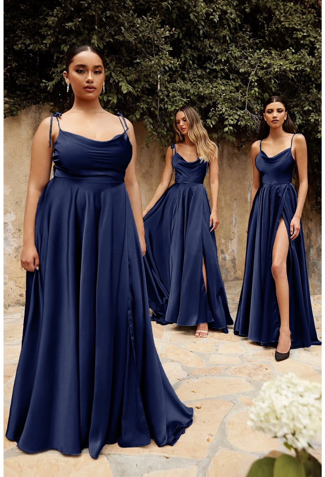 Navy Blue Satin Prom Dresses Long Spaghetti Straps A Line High Slit Cowl Neck Women Evening Party Dress Maxi Formal