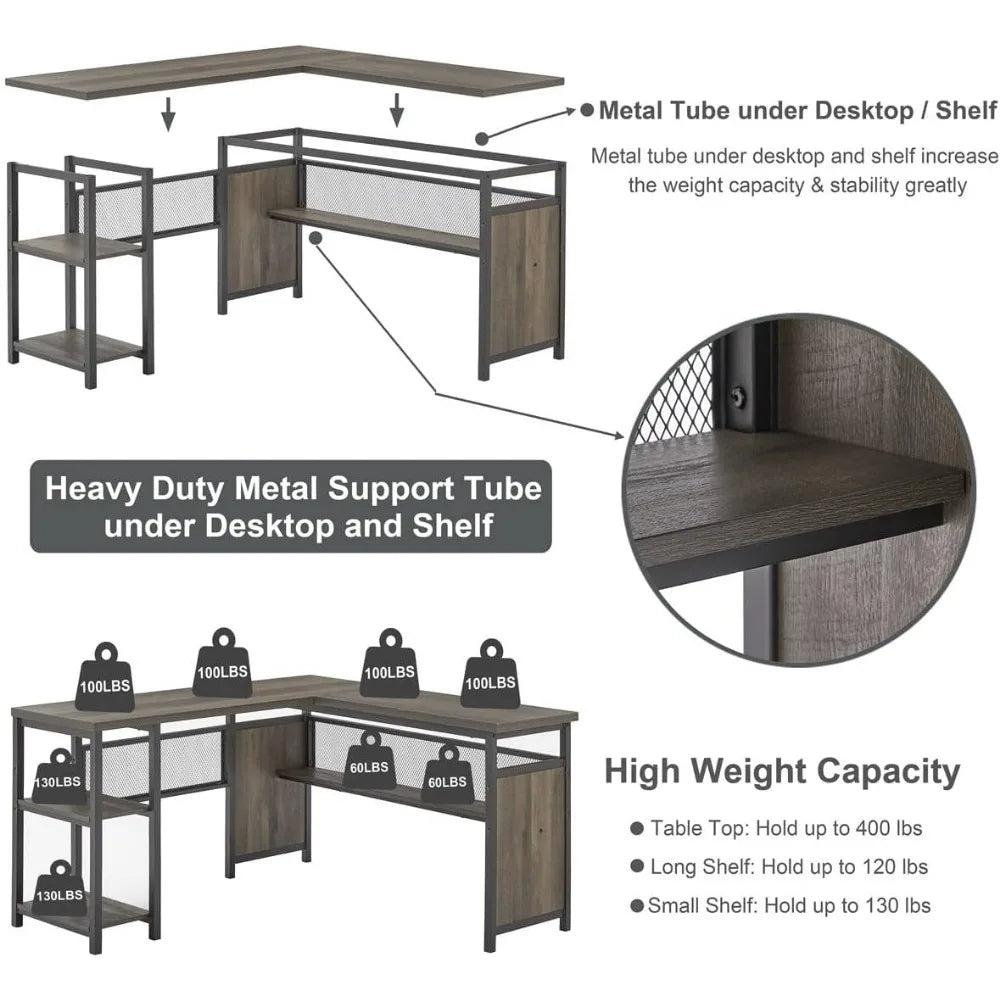 Office Desk Table Reversible Wood and Metal Corner Desk (Walnut Brown Furniture for Room 59 Inch) for Laptop and Gaming Table - theultimatemarketshop