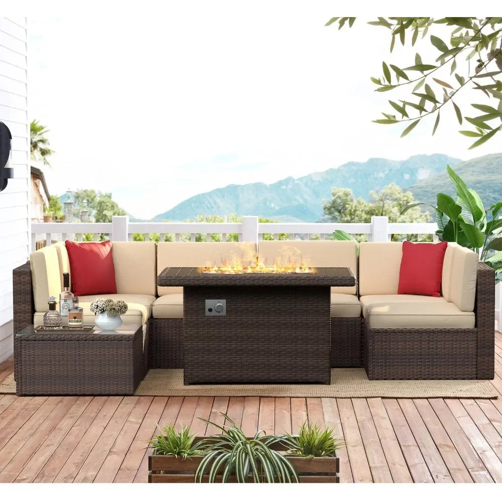 Outdoor Garden Furniture 8 Pieces Set with 40" Fire Pit  Sofa Sets, Wicker Furniture Set with Coffee Table,