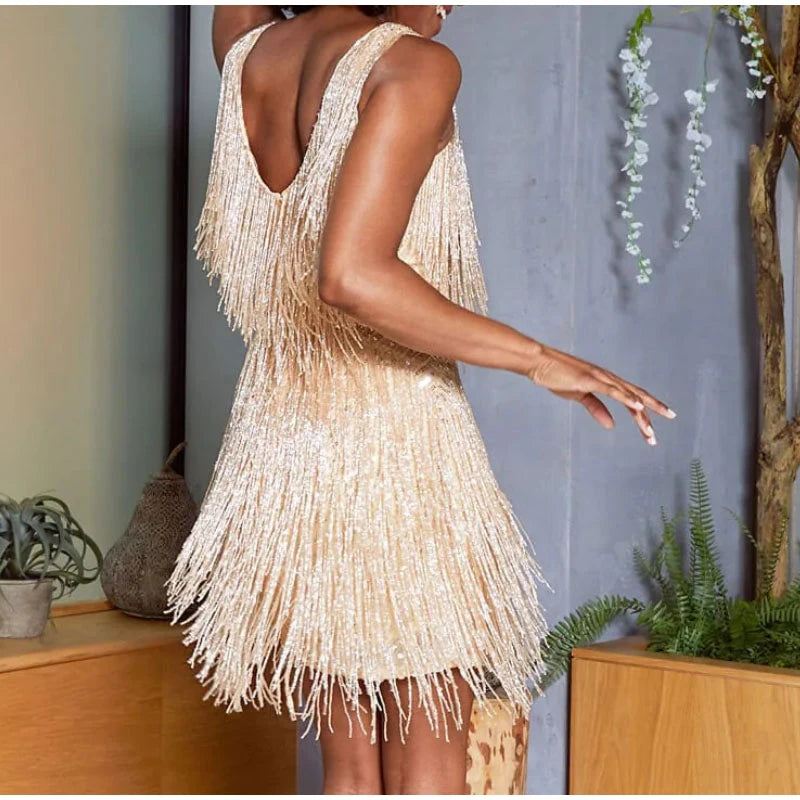 New Sexy Tassel Sequins Feather Mini Dress Women Spaghetti Strap Dress Female Elegant Evening Party Club Dress