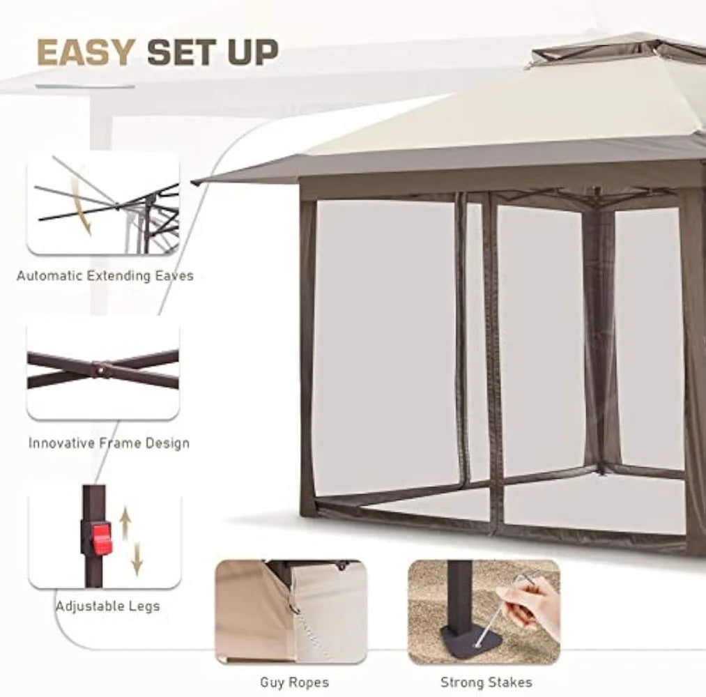 EAGLE PEAK 13x13 Pop-Up Gazebo Tent Instant w/Mosquito Netting，Outdoor Gazebo Canopy Easy Set-up Folding Shelter (Beige/Brown) - theultimatemarketshop