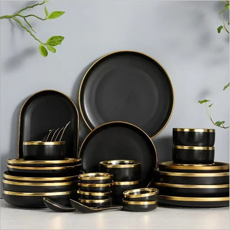 Nordic Ceramic Black Gold Rimmed Rice Bowl Bowl Soup Bowl Plate Plate Plate Spoon Creative Home Tableware Set