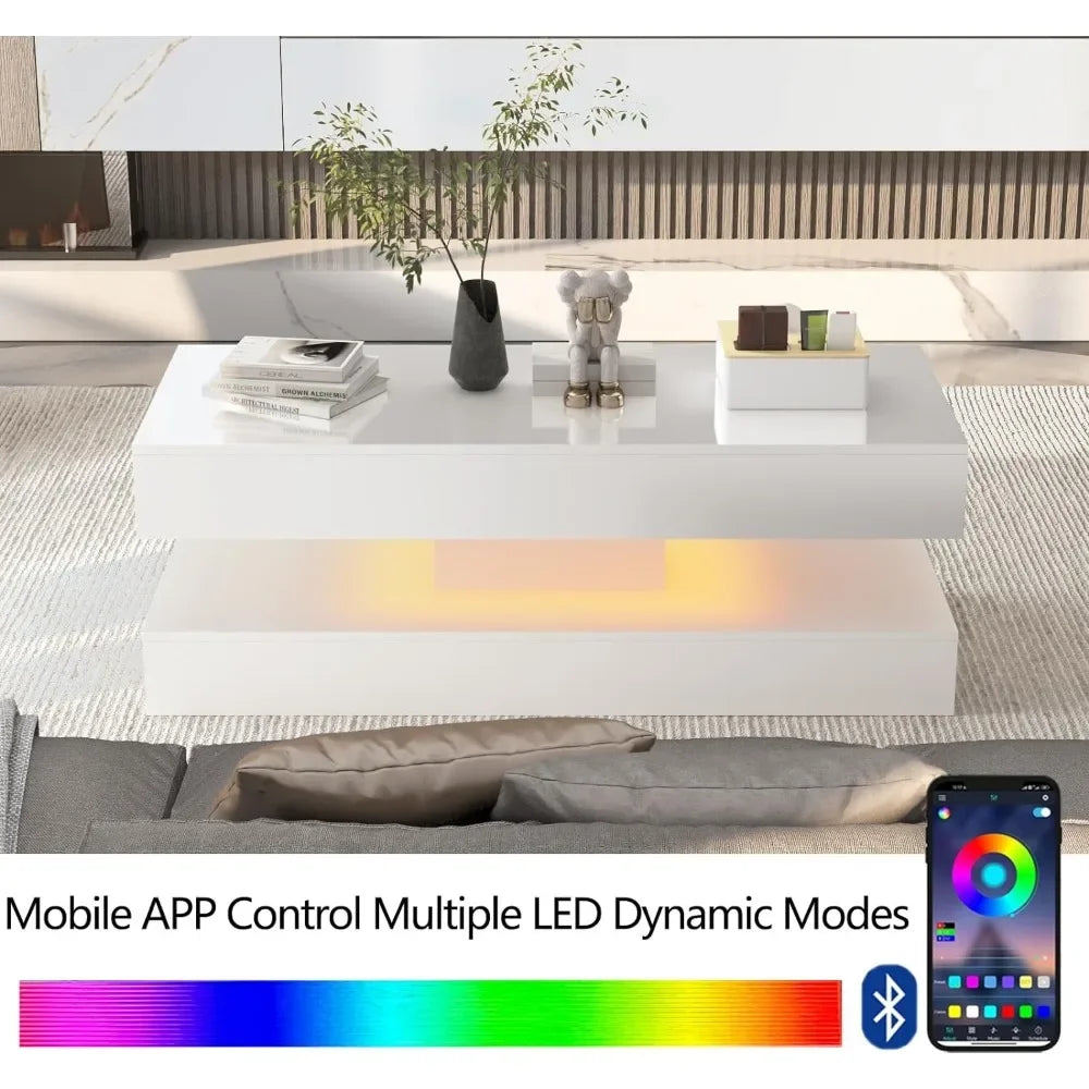 47.3IN High Glossy LED Coffee Table, LED Lights, Black/White, Modern Furniture for Living Room