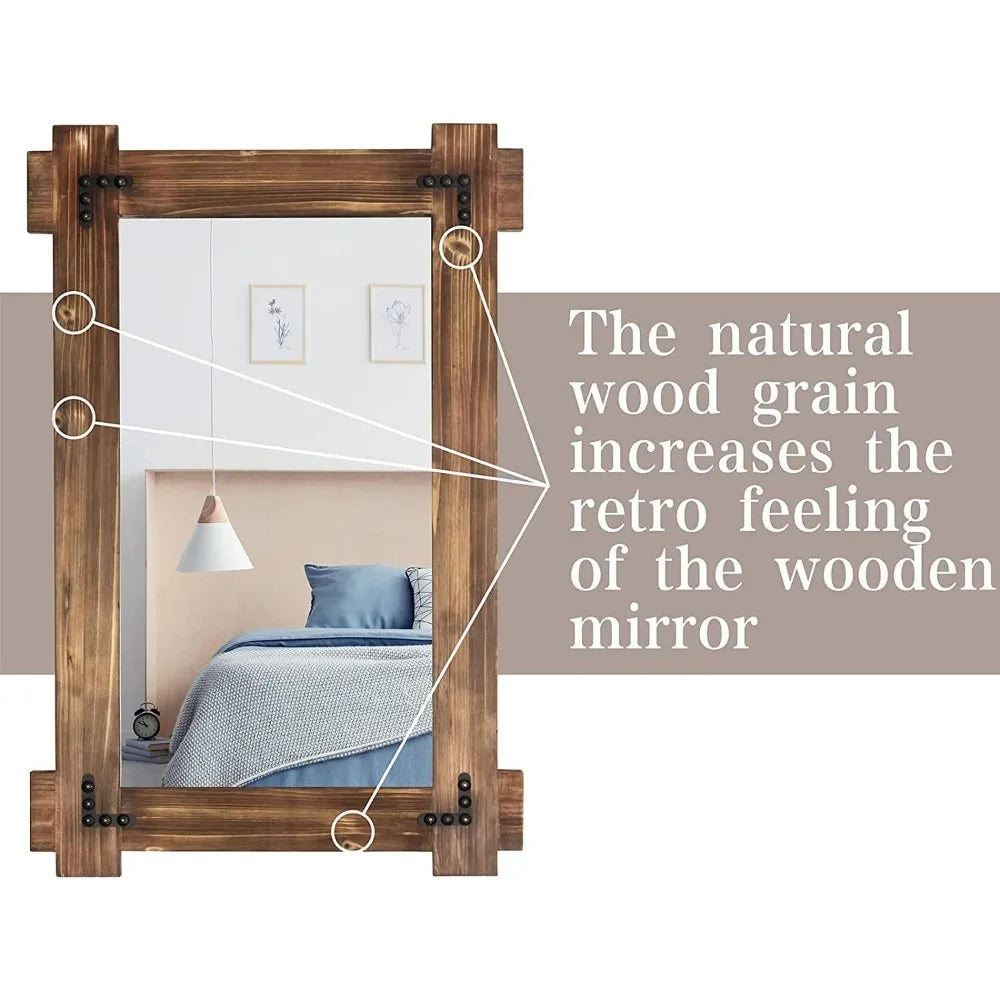 Wall Mounted Mirror, 36 x 24 Inches Wood Framed Bathroom Mirror for Decor,  Living Room, Rustic Wood