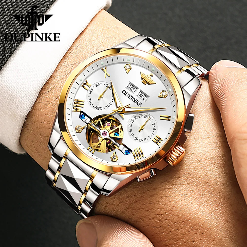 High Quality Luxury Skeleton Flywheel Automatic Watch for Men Waterproof Dual Calendar Brand Men's Wristwatch