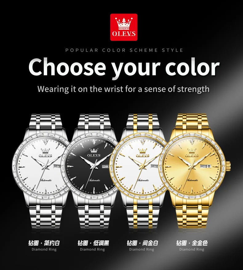 Diamond Automatic Watch for Men Luxury Dual Calendar Top Brand Waterproof Luminous Dress Men's Watch