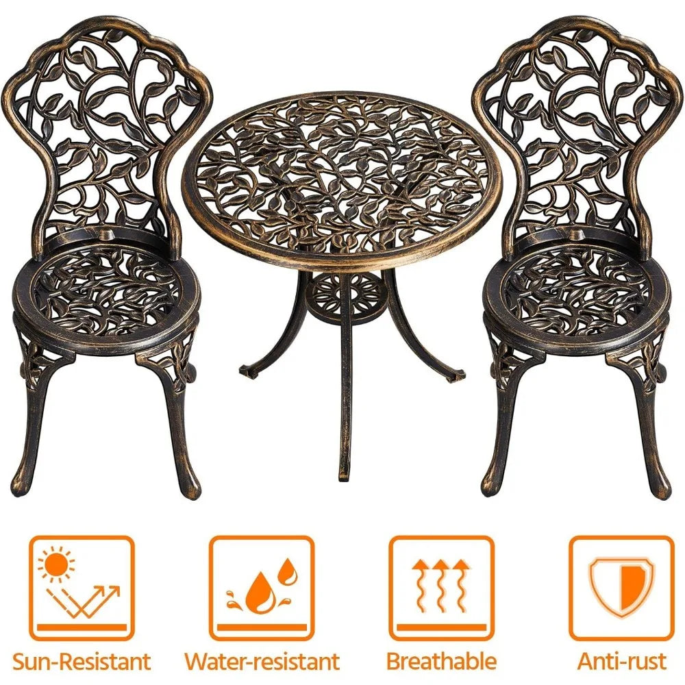 3-Piece Outdoor Bistro Set w/Leaf Design, Rust-Resistant Cast Aluminum Table and Chairs for Balcony Backyard Garden