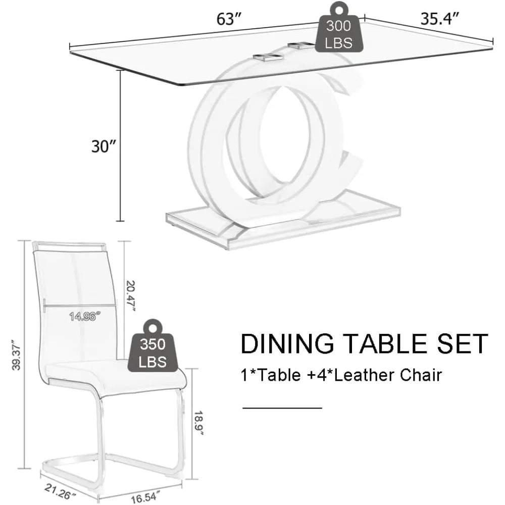 Dining table set, 63 inch modern glass dining table, 4 pieces of PU leather ergonomic home chairs, dining table set