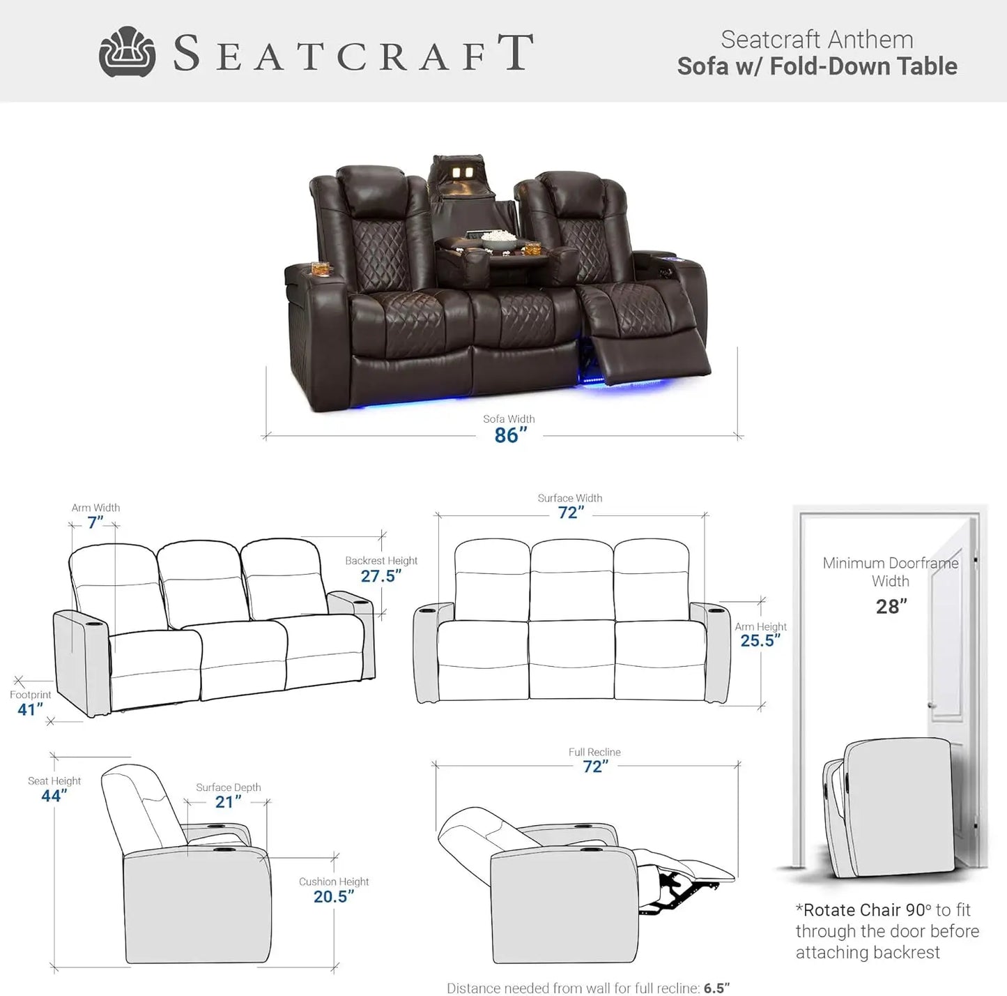 Anthem Home Theater Seating Living Room Top Grain Leather Power Recline Sofa Fold-Down Table Powered Headrests Arm Storage