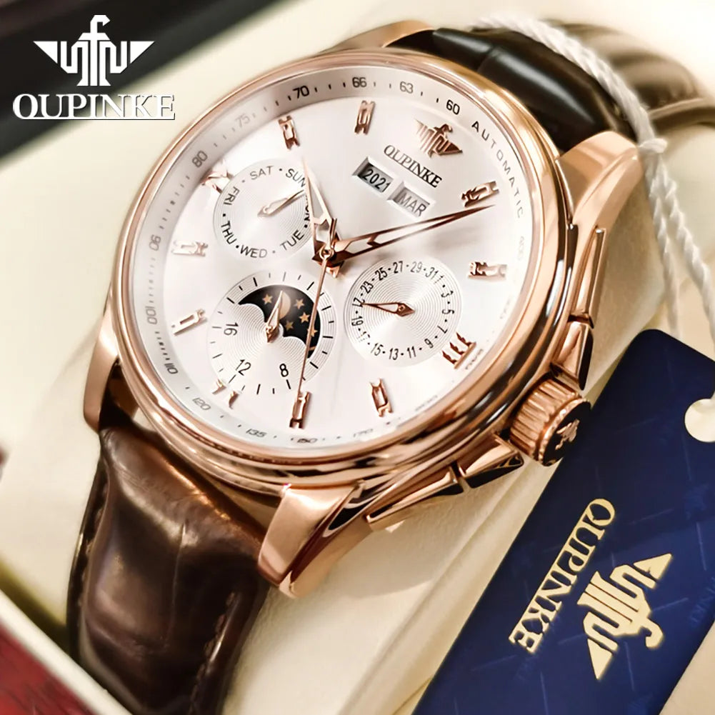 OUPINKE Luxury Men Automatic Mechanical Watches Genuine Leather Band - theultimatemarketshop