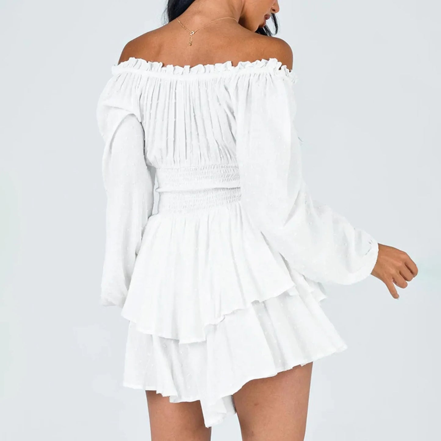 Summer Women's Pleated Dress Off Shoulder  Long Sleeve Casual Ruffle - theultimatemarketshop