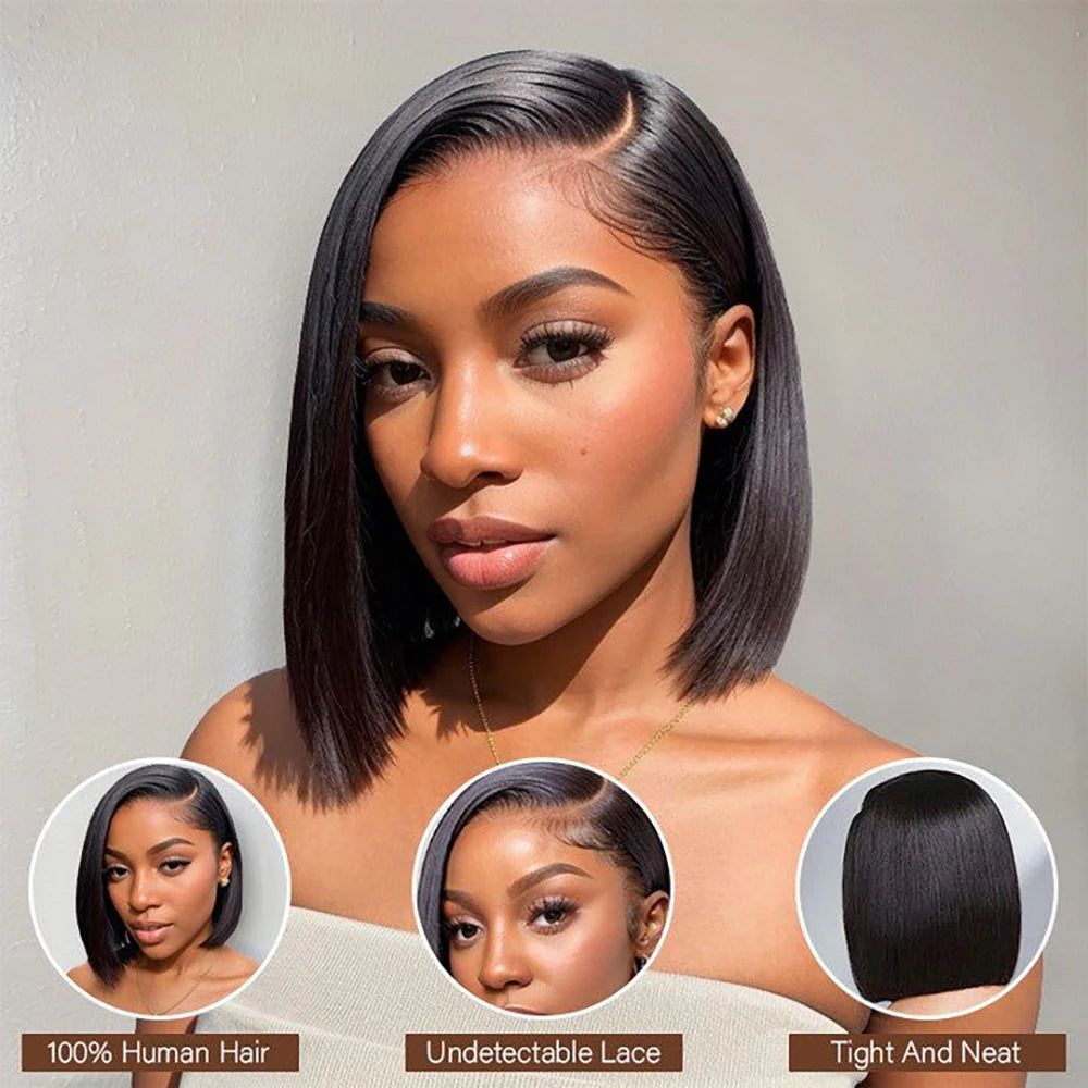 13x4 Lace Front Human Hair Wig  Short Bob Wig Glue less Remy Straight Natural Wig