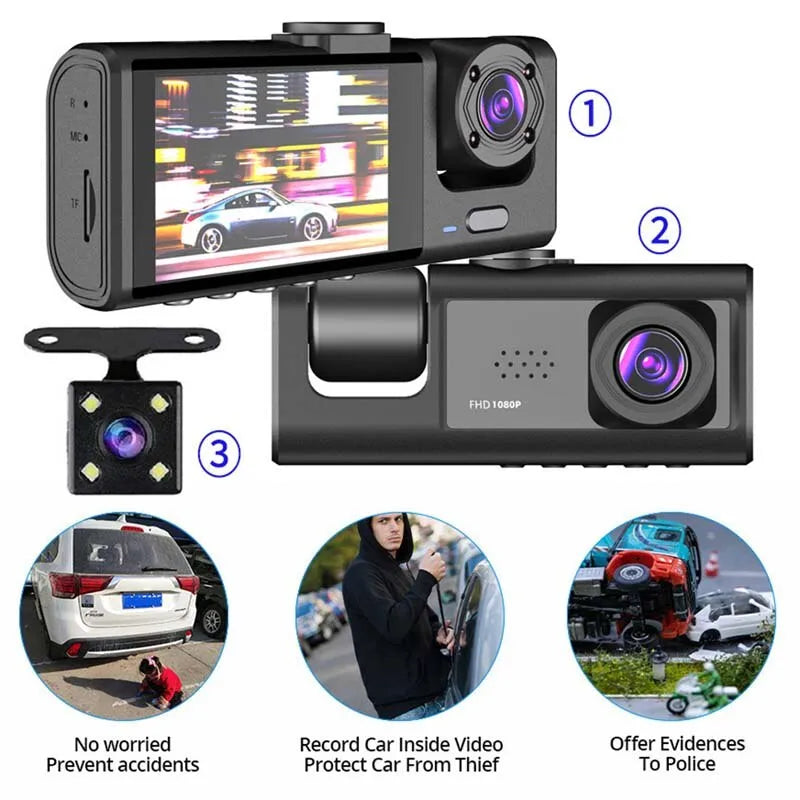 Dash Cam W/ IR Night Vision Loop Recording & 2" IPS Screen 1080P 3 Camera - theultimatemarketshop