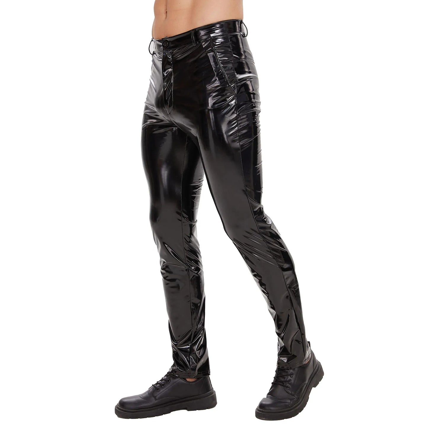 Men's Shiny Leather Straight Pants  Casual Trousers  Wet look Latex Leggings - theultimatemarketshop