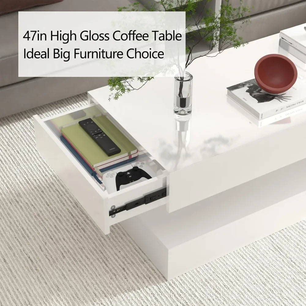 47.3IN High Glossy LED Coffee Table, LED Lights, Black/White, Modern Furniture for Living Room