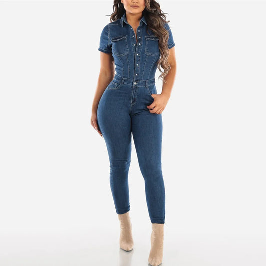 2023 Fashion Jeans Demin Jumpsuit Women Tight Fitting Short Sleeve Denim Romper Skinny Trouser Single Breasted Bodysuit