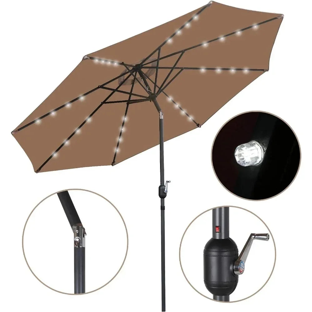 Patio Umbrella with 32 Solar LED Lights, Outdoor Large Table Umbrella with Tilt Adjustment and Crank,  10FT Patio Umbrella